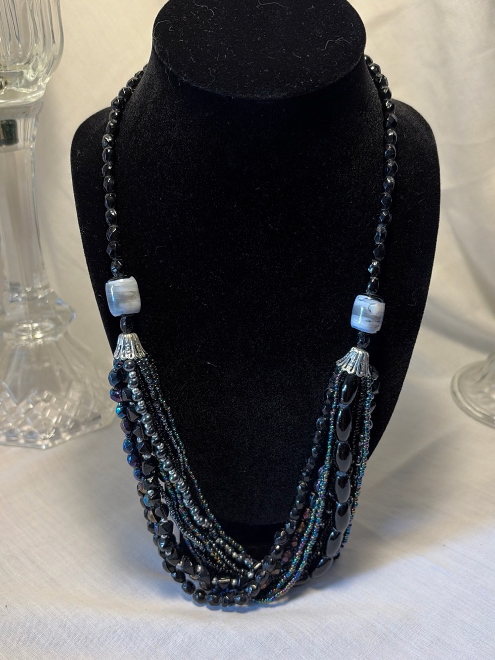 Layered Black Bead Multi-Strand Necklace with Accent Beads